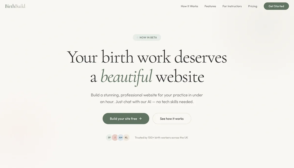 BirthBuild landing page showing AI-powered website builder for birth workers